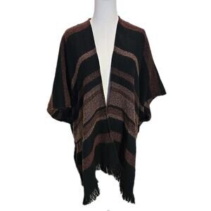American Eagle Outfitters One Size Striped Poncho Wrap Shawl Fringe Black Brown